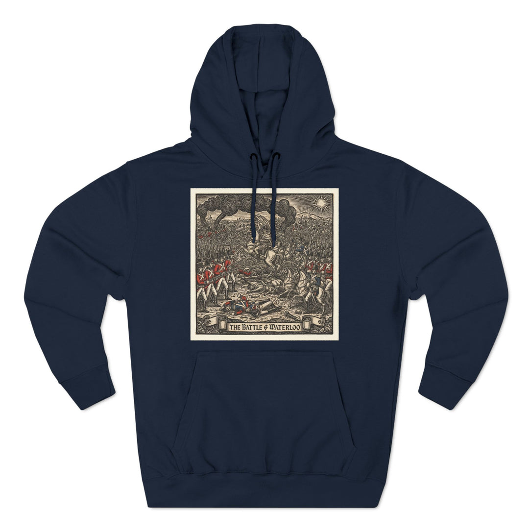 Navy hoodie by S&amp;W Gallus, featuring a graphic print of the Battle of Waterloo on the front.