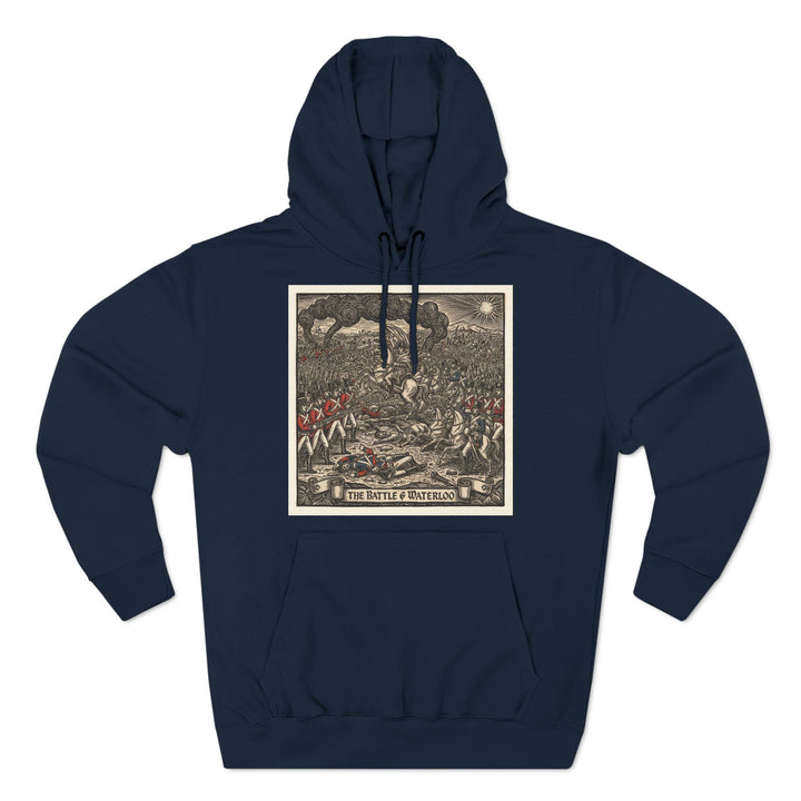 Navy hoodie by S&amp;W Gallus, featuring a graphic print of the Battle of Waterloo on the front.