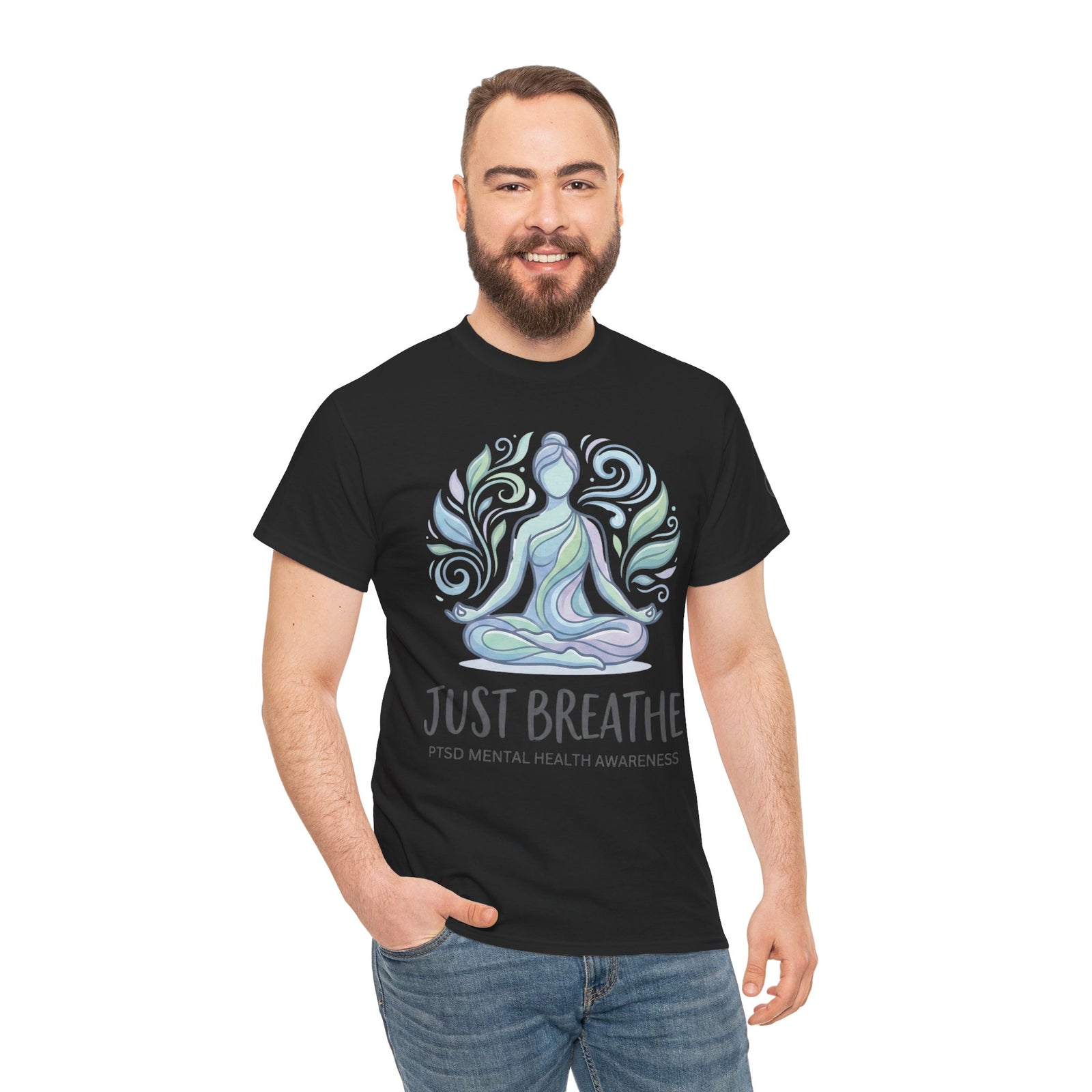Black mental health awareness t-shirt from Veteran owned, featuring a meditative figure in yoga pose, worn with blue jeans.