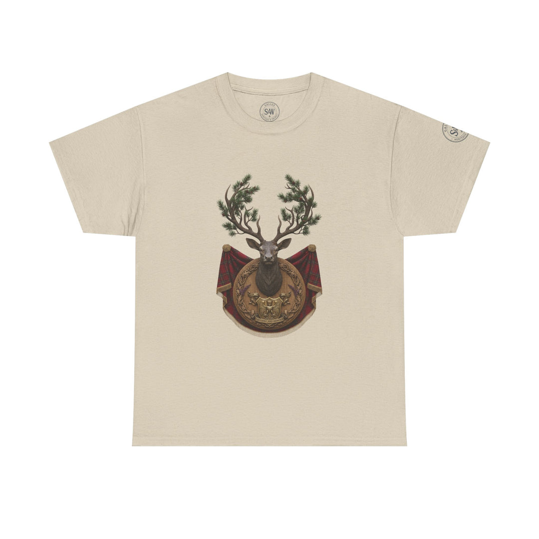 Beige T-shirt by S&amp;W Gallus with a stag crest design on the front.