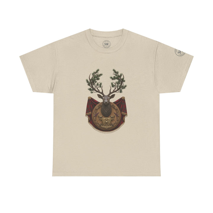Beige T-shirt by S&amp;W Gallus with a stag crest design on the front.