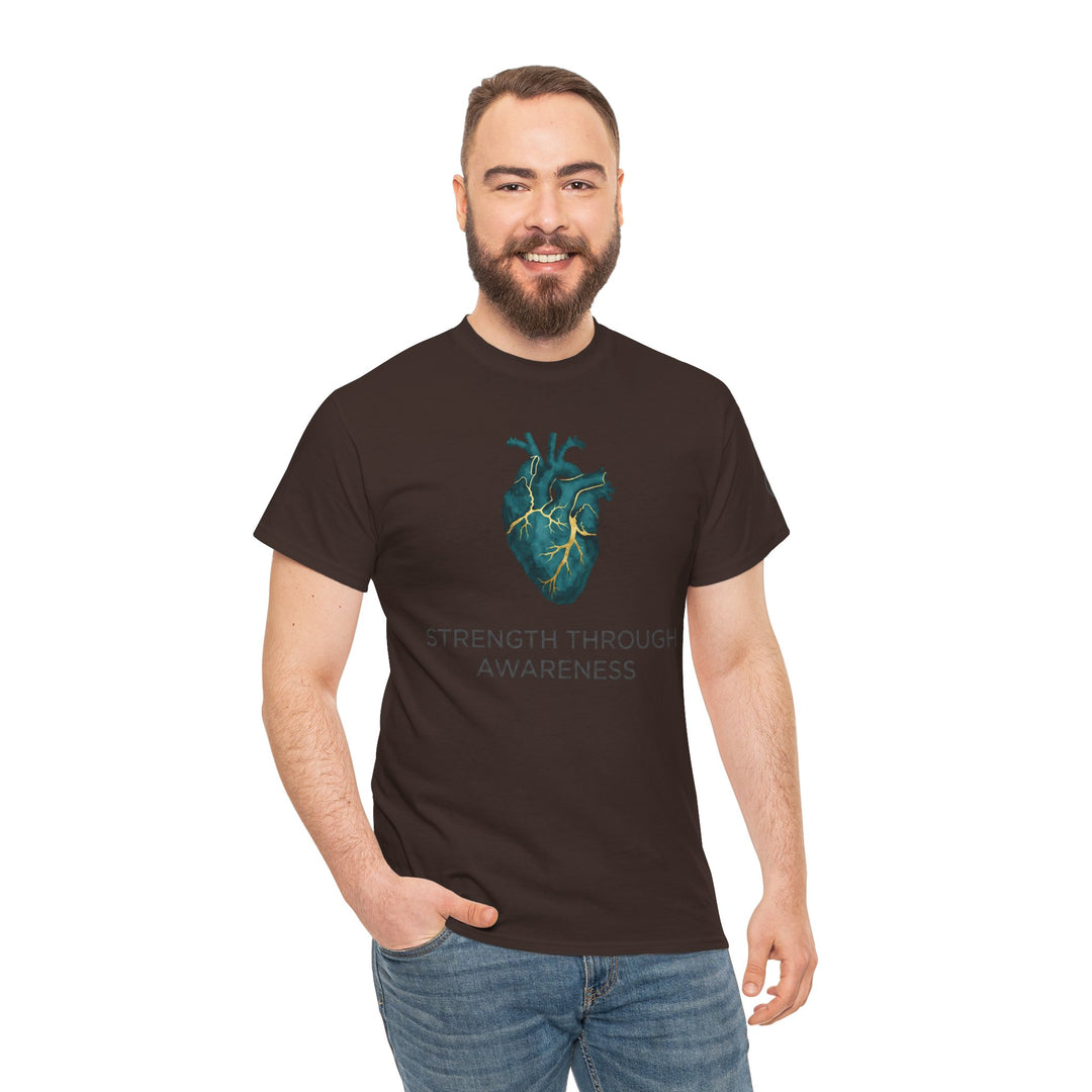 Brown t-shirt with a teal heart graphic and text by Veteran owned, worn with blue jeans.