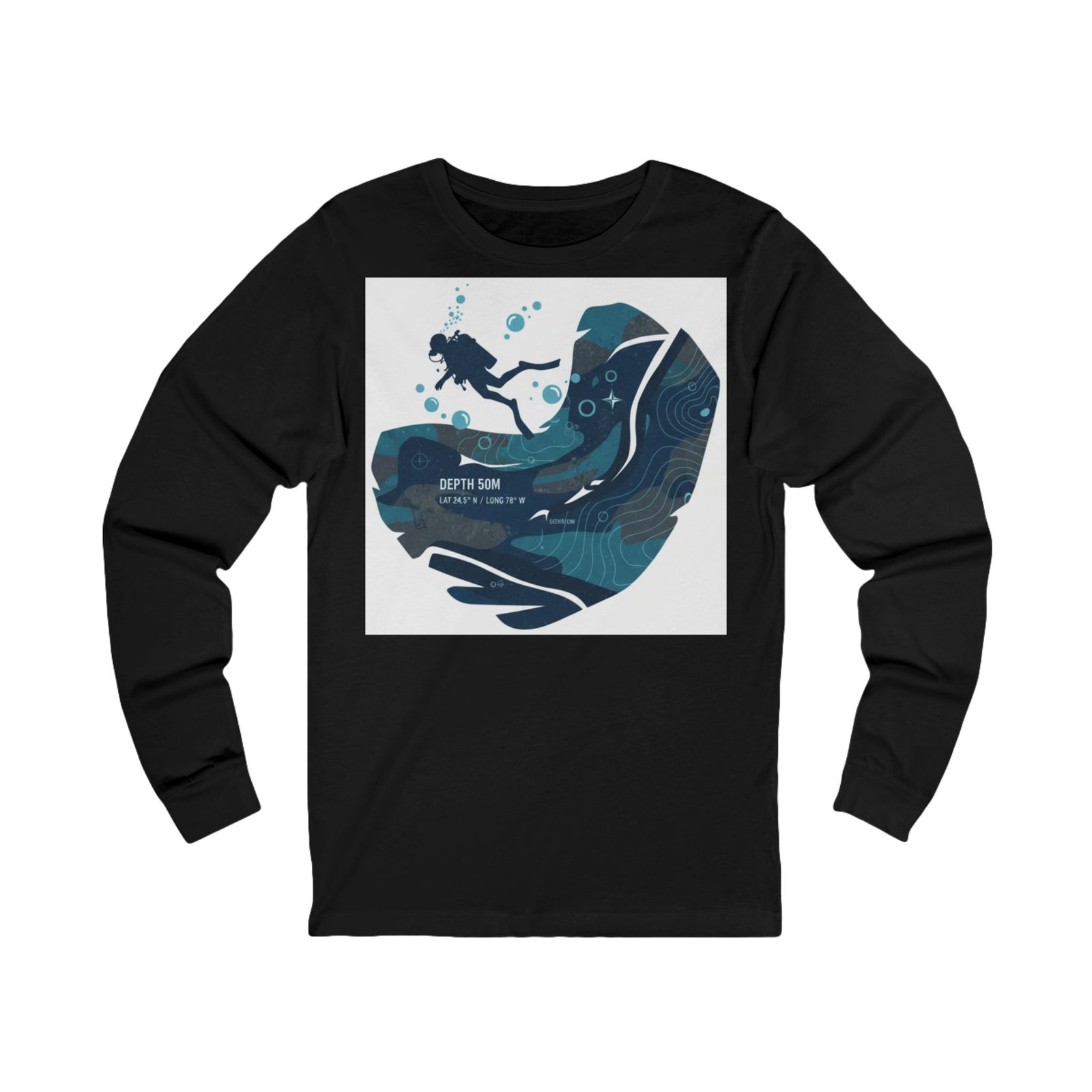 Black long-sleeve tee by S&W Gallus, featuring a scuba diver and ocean depth graphic in blue tones.