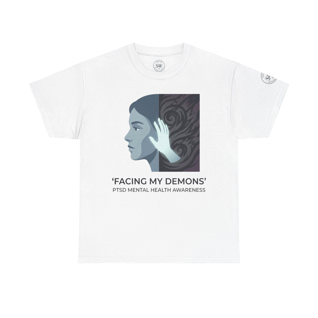 White PTSD awareness t-shirt from Veteran owned, featuring a woman&