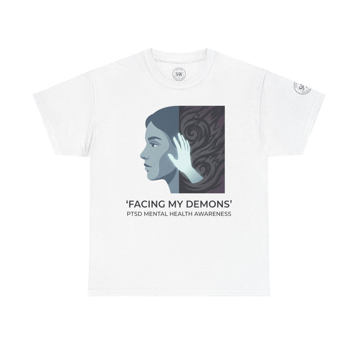 White PTSD awareness t-shirt from Veteran owned, featuring a woman&