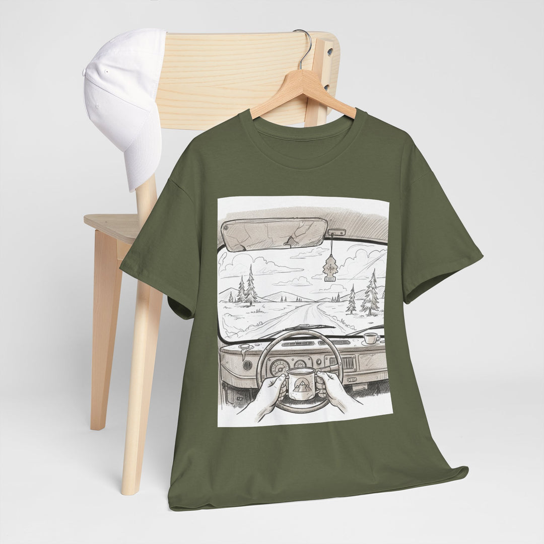 Scenic Drive Van Illustration Tee – soft cotton with a detailed van and landscape design. Perfect for road trips, outdoor adventures, and casual wear.