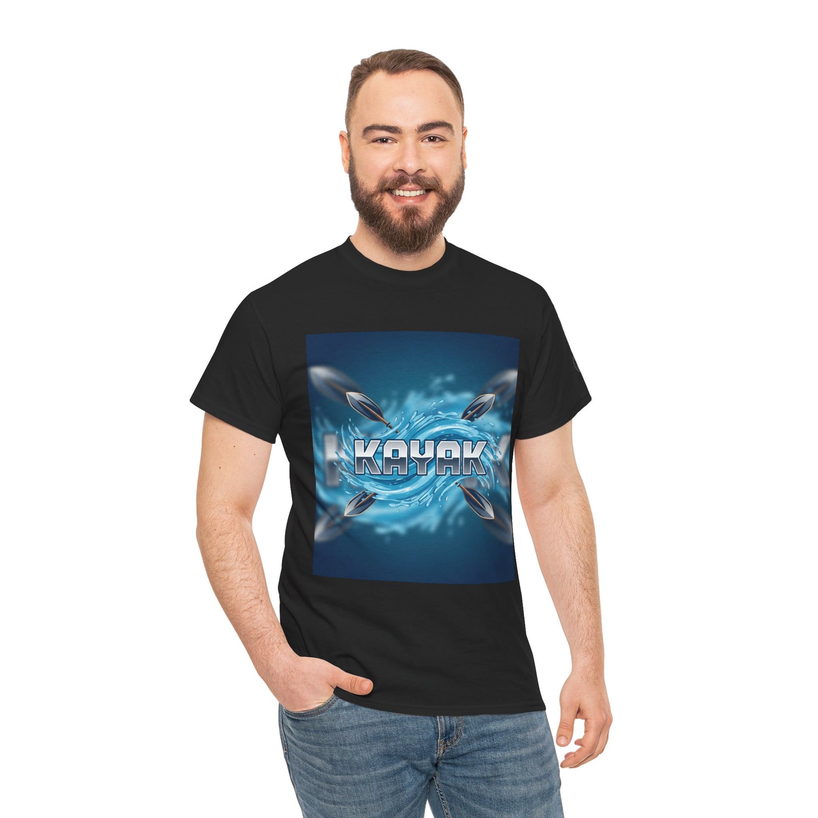 Black graphic t-shirt by S&W Gallus featuring a kayak design, worn with jeans.