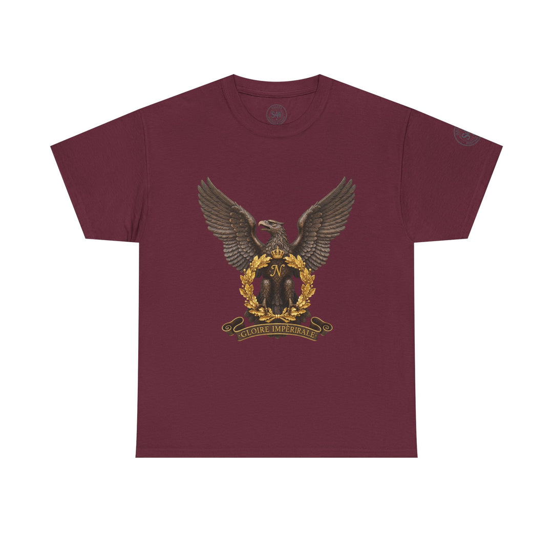 Maroon t-shirt by S&amp;W Gallus featuring an eagle crest with gold accents on the front.