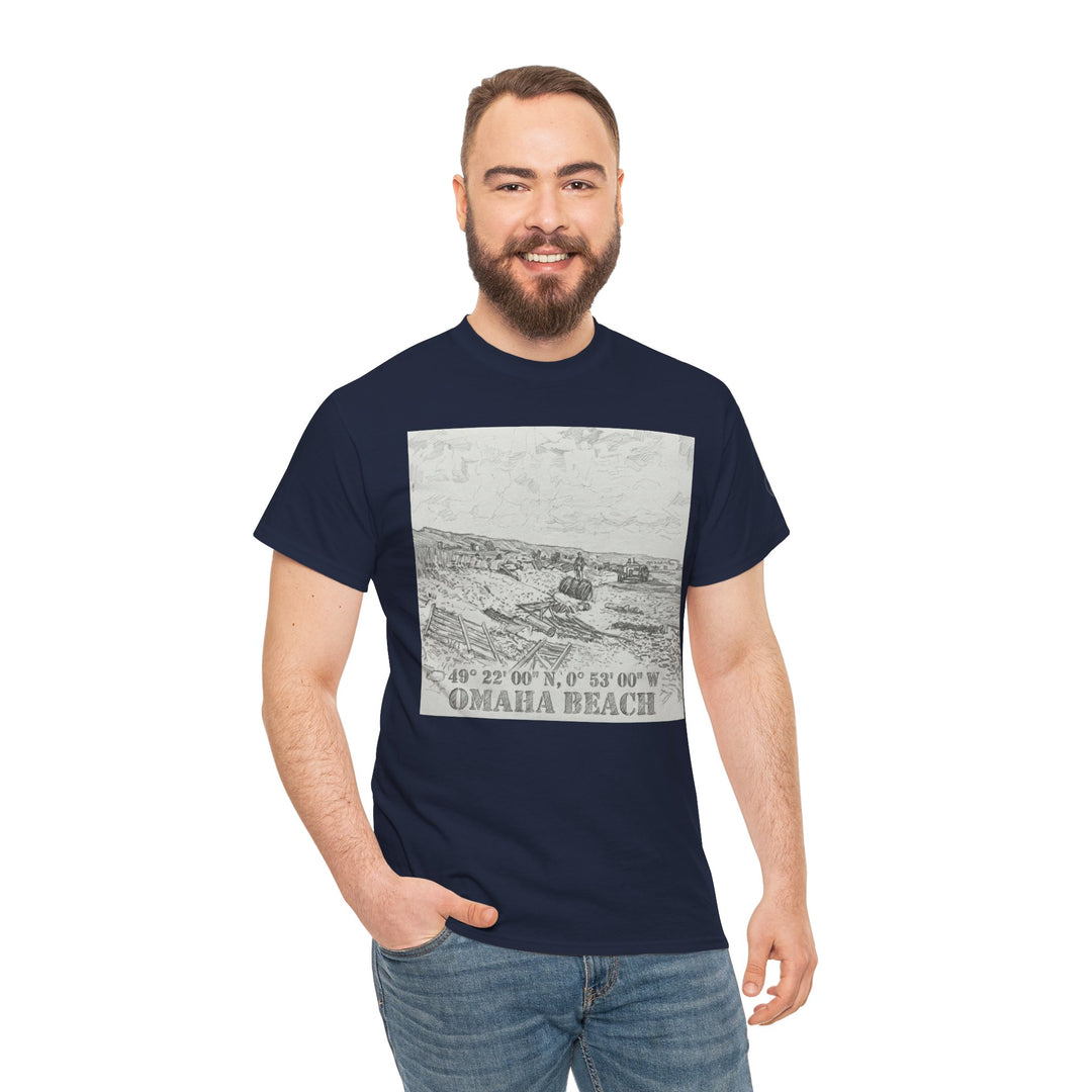 Navy t-shirt with a black and white Omaha Beach graphic by Veteran owned, worn with jeans.