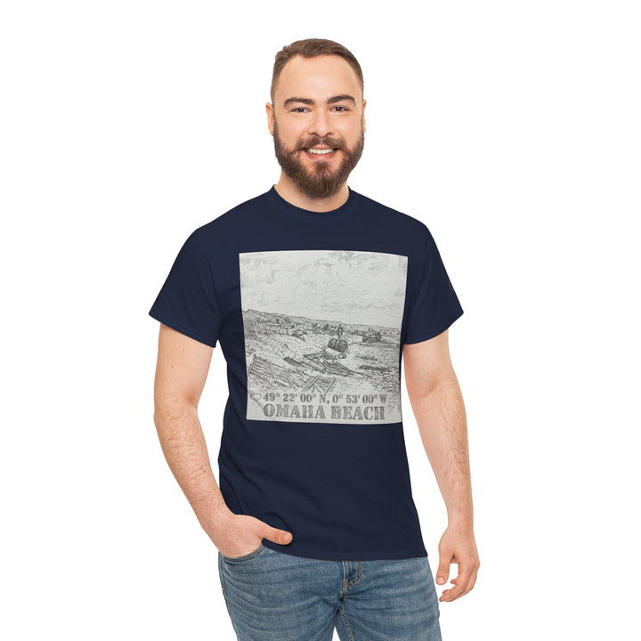 Navy t-shirt with a black and white Omaha Beach graphic by Veteran owned, worn with jeans.