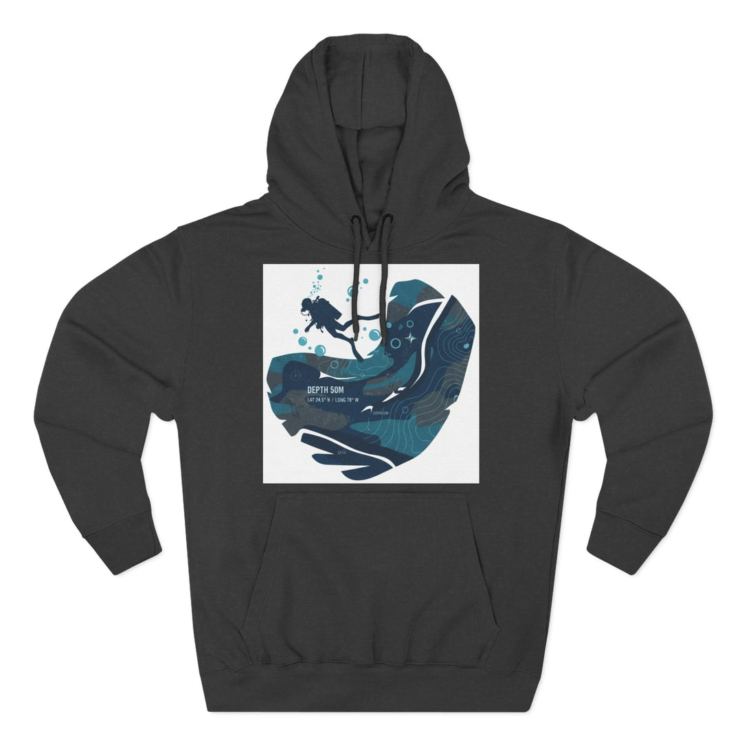 Dark gray hoodie by S&amp;W Gallus featuring a square graphic of a diver and topographic maps.