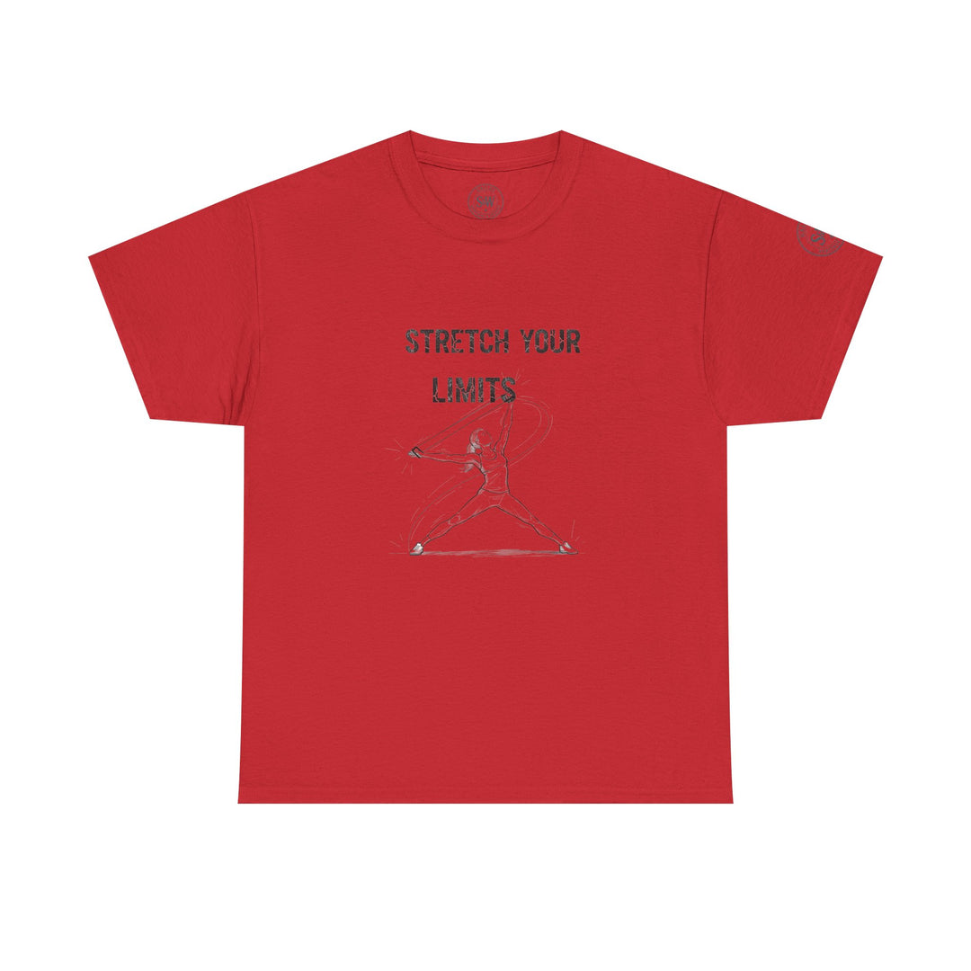 Red t-shirt by S&amp;W Gallus featuring a "stretch your limits" graphic and an exercise figure.