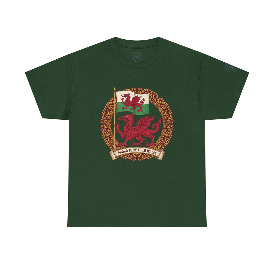 Green t-shirt by S&amp;W Gallus featuring the Welsh flag, dragon, and "Proud to be from Wales" text.