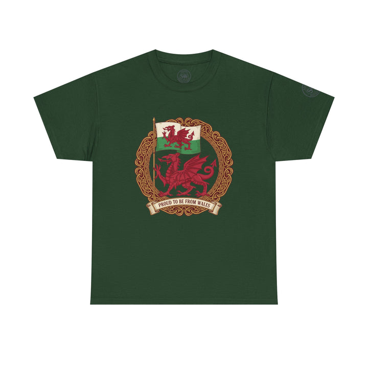 Green t-shirt by S&amp;W Gallus featuring the Welsh flag, dragon, and "Proud to be from Wales" text.
