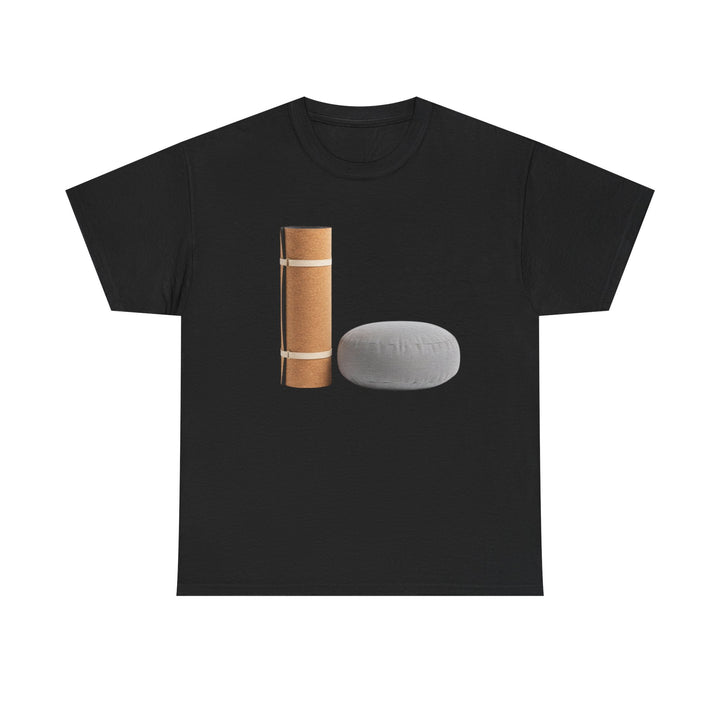 Mat &amp; Meditation Cushion Tee – soft, breathable cotton featuring a yoga-inspired design. Perfect for meditation, studio practice, or mindful everyday wear.