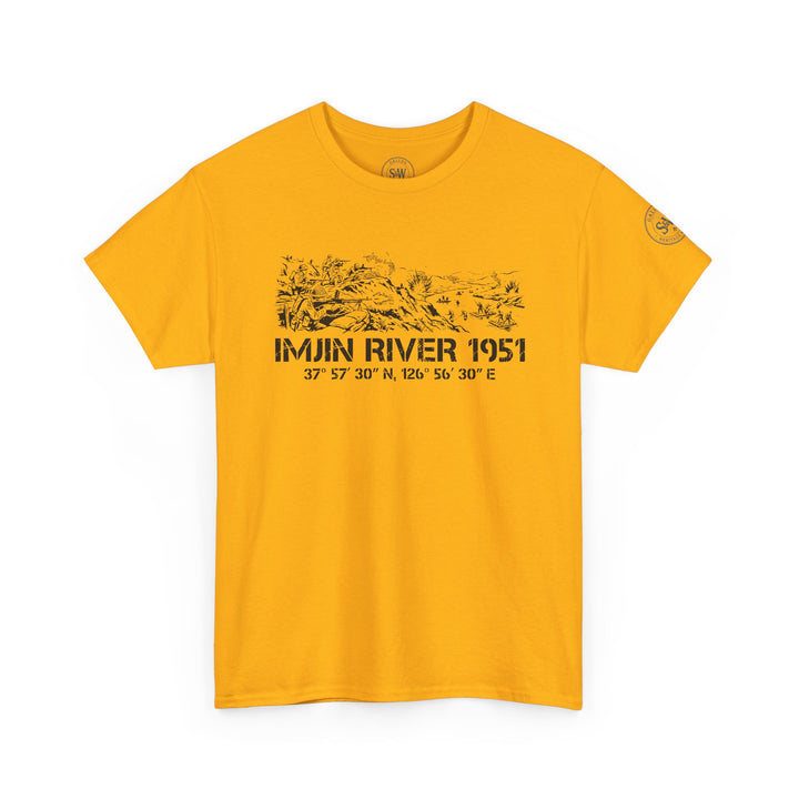 Golden yellow t-shirt by S&amp;W Gallus with "Imjin River 1951" and coordinates printed over a Korean War battlefield graphic.
