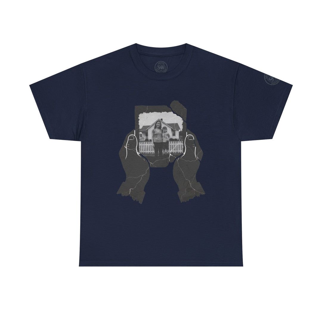 Navy t-shirt by S&amp;W Gallus with a faded graphic of hands holding a torn photograph.