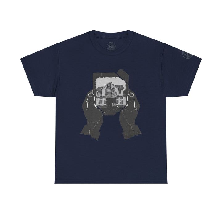 Navy t-shirt by S&amp;W Gallus with a faded graphic of hands holding a torn photograph.