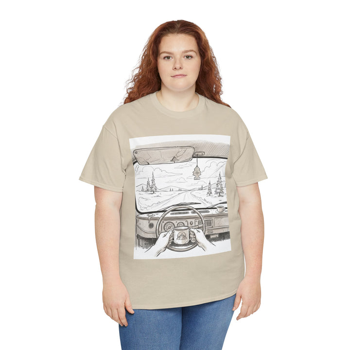 Scenic Drive Van Illustration Tee – soft cotton with a detailed van and landscape design. Perfect for road trips, outdoor adventures, and casual wear.