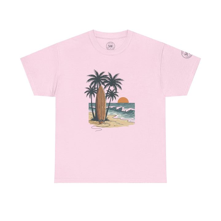 Pink graphic tee by S&amp;W Gallus displaying a beach scene with palm trees and a surfboard.