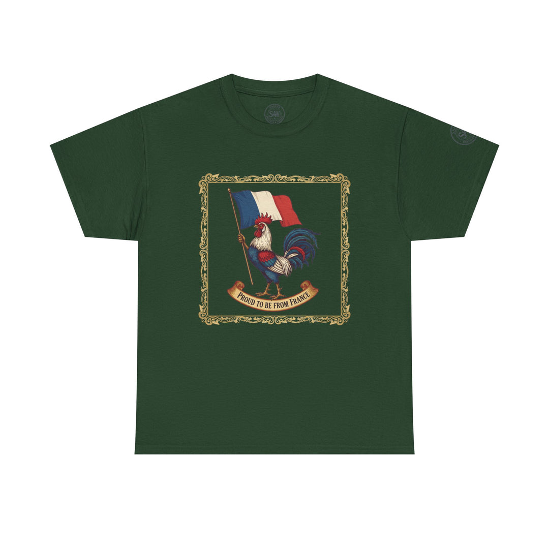 Dark green t-shirt by S&amp;W Gallus, featuring a framed design of a rooster holding the French flag with a "Proud to Be From France" banner.
