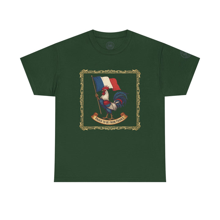 Dark green t-shirt by S&amp;W Gallus, featuring a framed design of a rooster holding the French flag with a "Proud to Be From France" banner.
