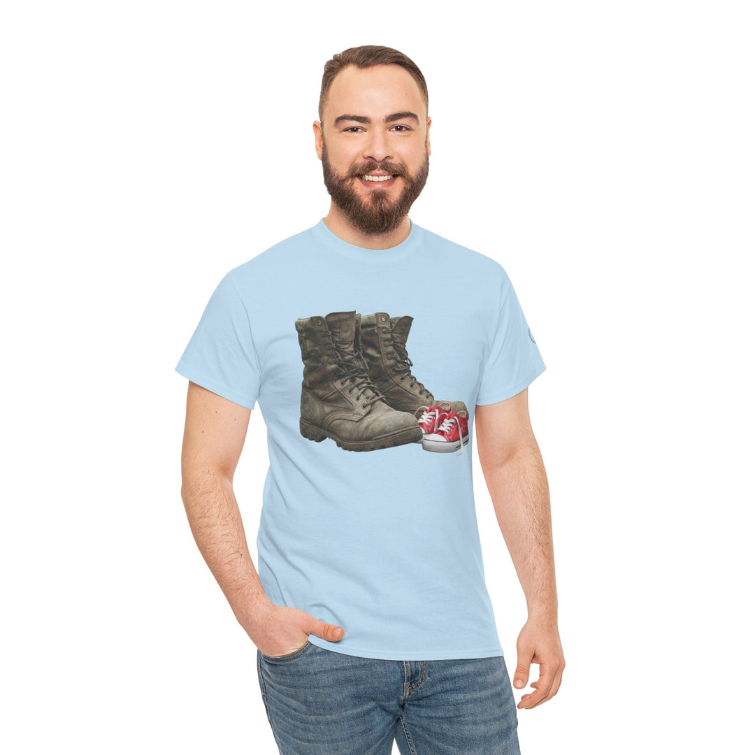 Light blue t-shirt by S&amp;W Gallus featuring a boots and sneakers graphic, worn with jeans.