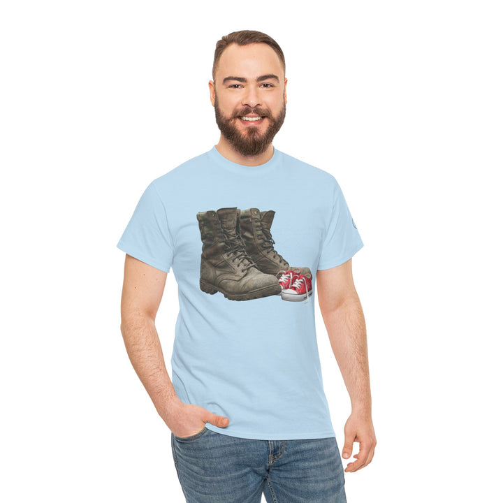 Light blue t-shirt by S&amp;W Gallus featuring a boots and sneakers graphic, worn with jeans.