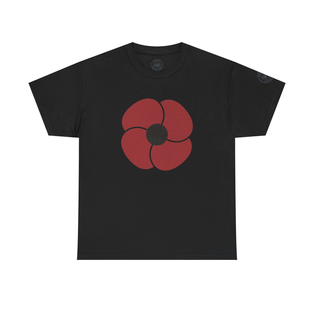 Black t-shirt by S&amp;W Gallus, featuring a bold red flower graphic on the front.