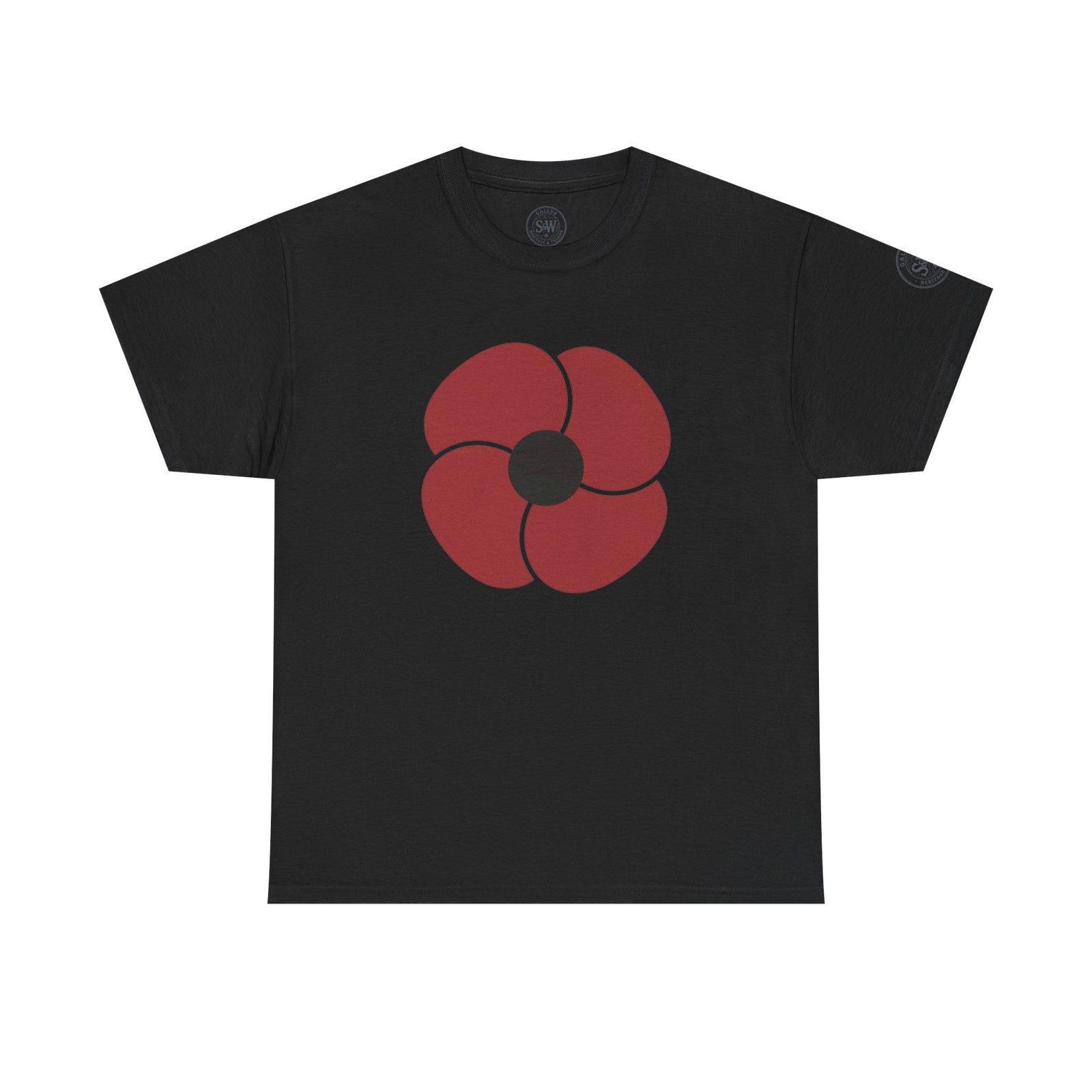 Black t-shirt by S&W Gallus, featuring a bold red flower graphic on the front.