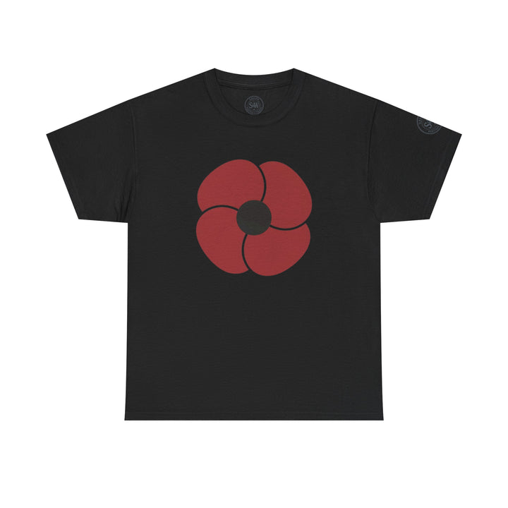 Black t-shirt by S&amp;W Gallus, featuring a bold red flower graphic on the front.