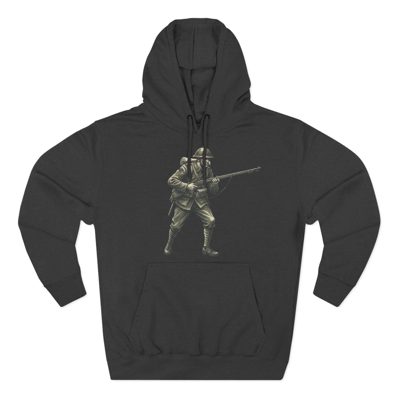 Charcoal gray hoodie by S&W Gallus featuring a vintage-style illustration of a World War I soldier with rifle.