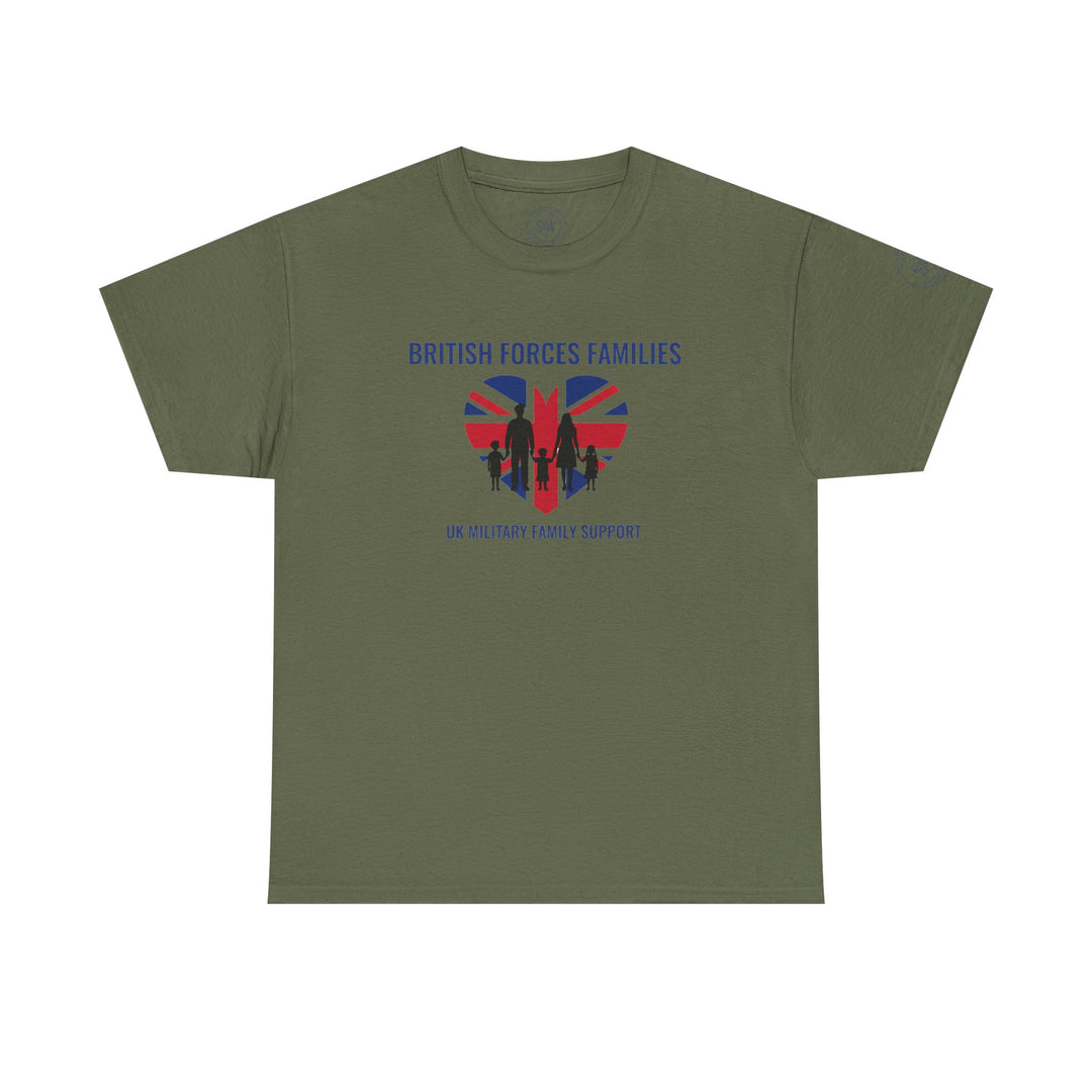 Olive green t-shirt by S&amp;W Gallus featuring the text "British Forces Families" and a Union Jack heart with a family silhouette.