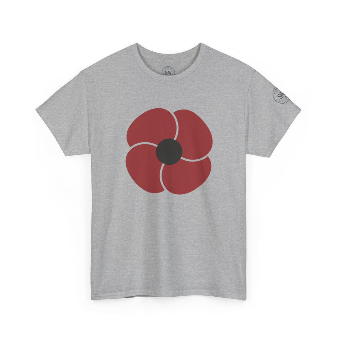 Heather grey t-shirt by S&amp;W Gallus with a stylized red poppy graphic on the chest.