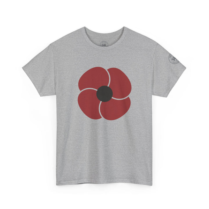 Heather grey t-shirt by S&amp;W Gallus with a stylized red poppy graphic on the chest.