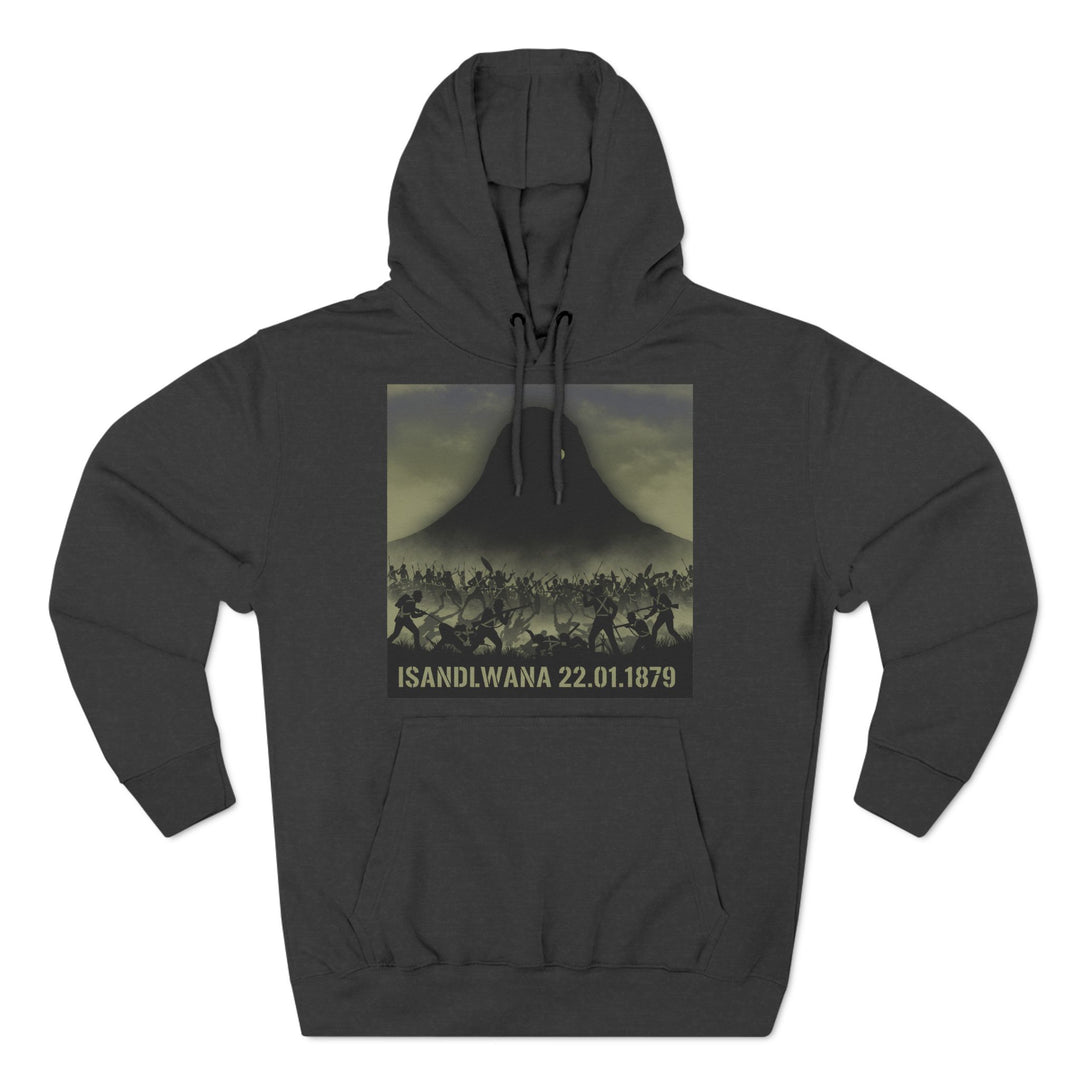 Charcoal hoodie by S&amp;W Gallus featuring a historic battle scene graphic with a mountain backdrop.