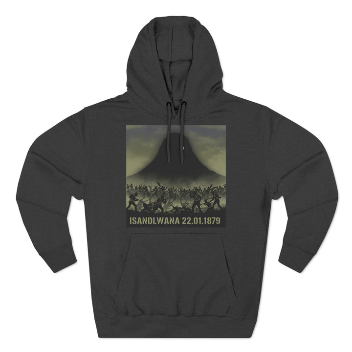 Charcoal hoodie by S&amp;W Gallus featuring a historic battle scene graphic with a mountain backdrop.