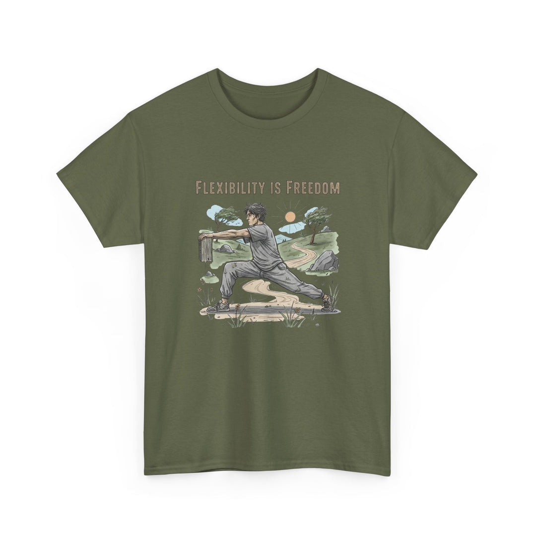Flexibility Is Freedom Tee – soft, breathable cotton featuring a motivational design. Perfect for yoga, Pilates, stretching, or casual active lifestyle wear.