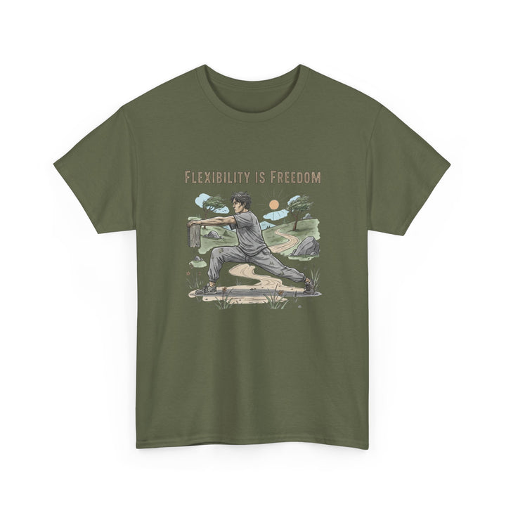 Flexibility Is Freedom Tee – soft, breathable cotton featuring a motivational design. Perfect for yoga, Pilates, stretching, or casual active lifestyle wear.