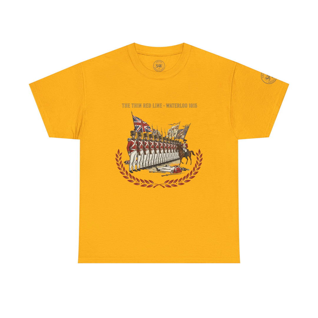 Mustard yellow t-shirt by S&amp;W Gallus featuring a Waterloo 1815 graphic with soldiers and laurel wreath.
