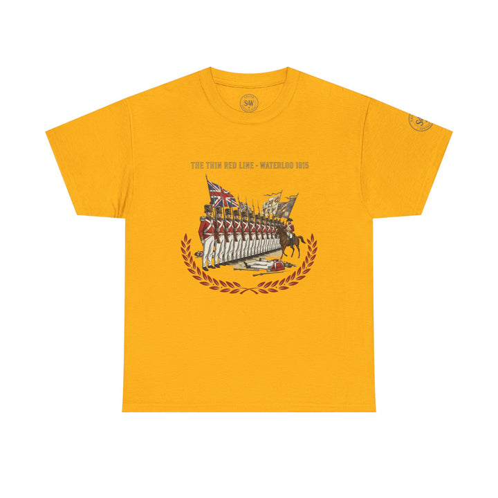 Mustard yellow t-shirt by S&amp;W Gallus featuring a Waterloo 1815 graphic with soldiers and laurel wreath.
