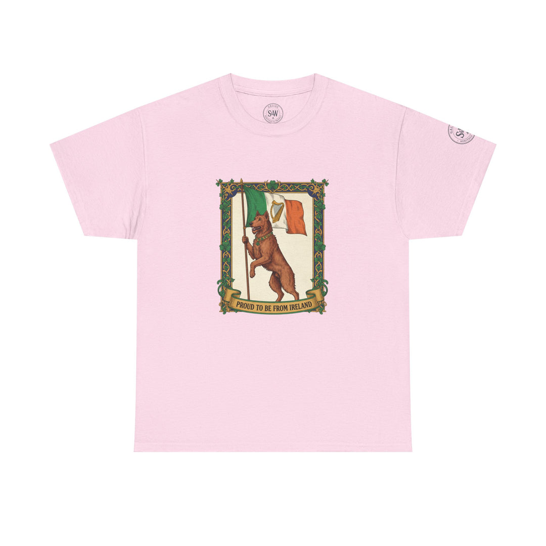 Pink t-shirt by S&amp;W Gallus with an Irish wolfhound holding a flag graphic.