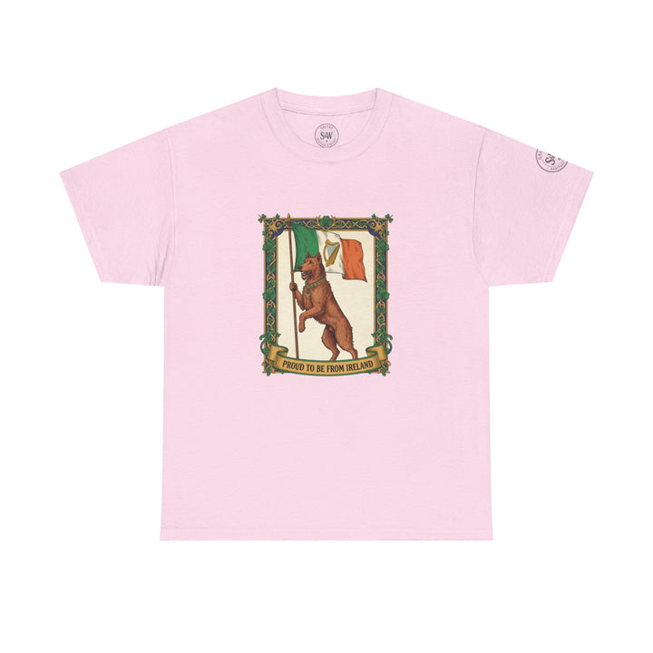 Pink t-shirt by S&amp;W Gallus with an Irish wolfhound holding a flag graphic.