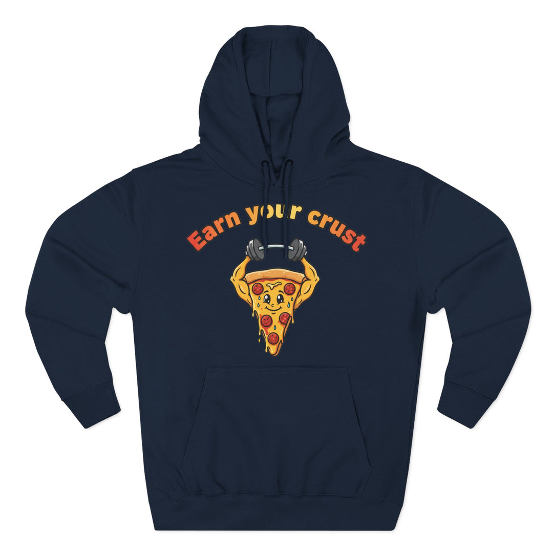 Navy hoodie by S&amp;W Gallus featuring an illustration of a pizza slice lifting weights, with text above it.