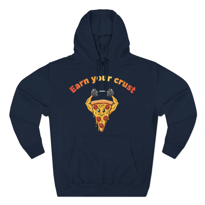 Navy hoodie by S&amp;W Gallus featuring an illustration of a pizza slice lifting weights, with text above it.