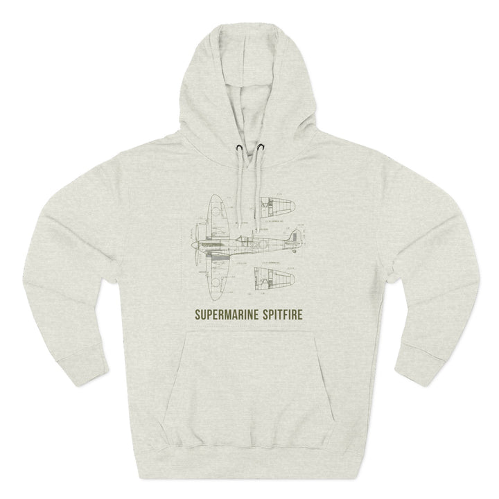 Heather gray hoodie by S&amp;W Gallus, featuring a blueprint graphic of a Supermarine Spitfire and the plane&