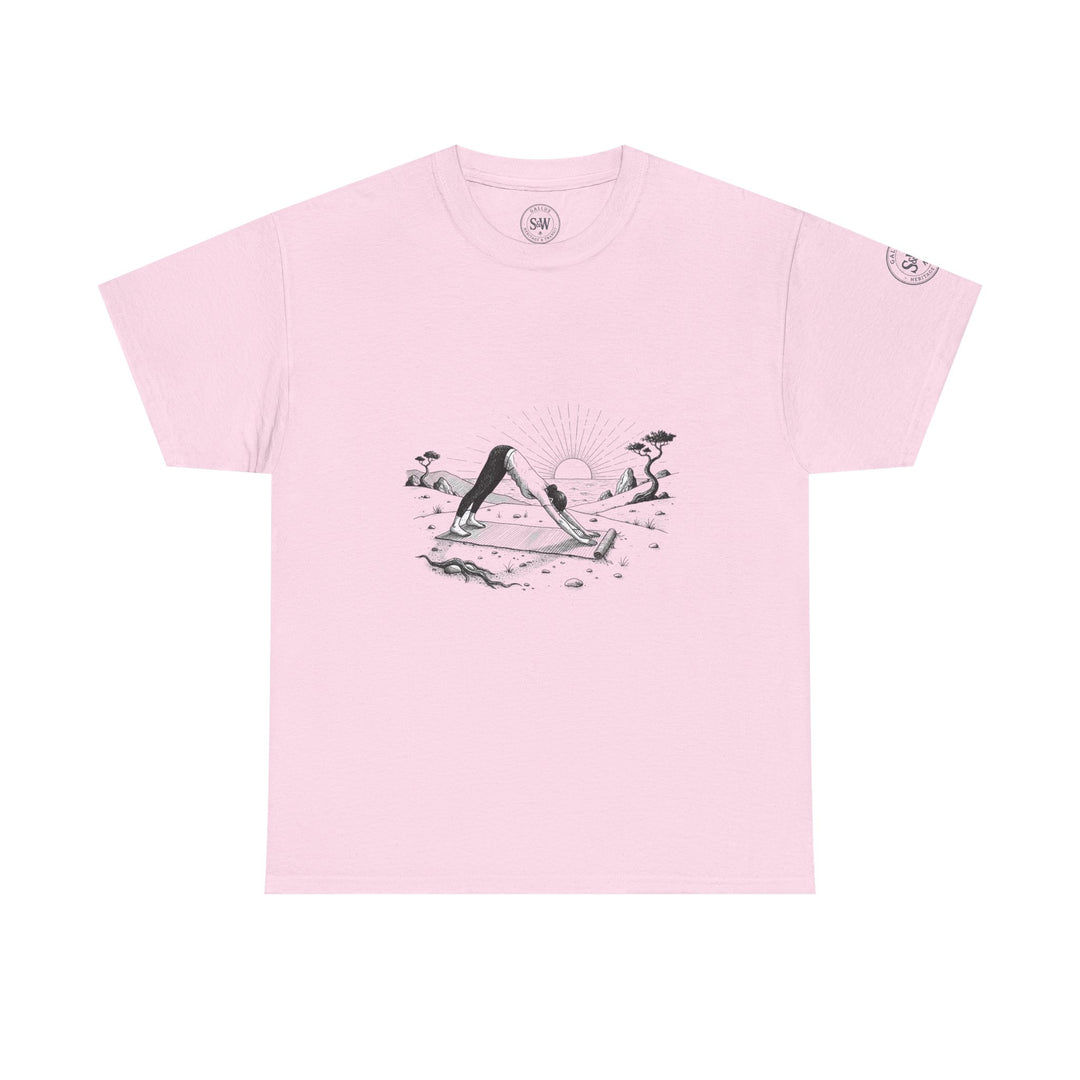 Pink T-shirt by S&amp;W Gallus with a yoga scene graphic on the front.
