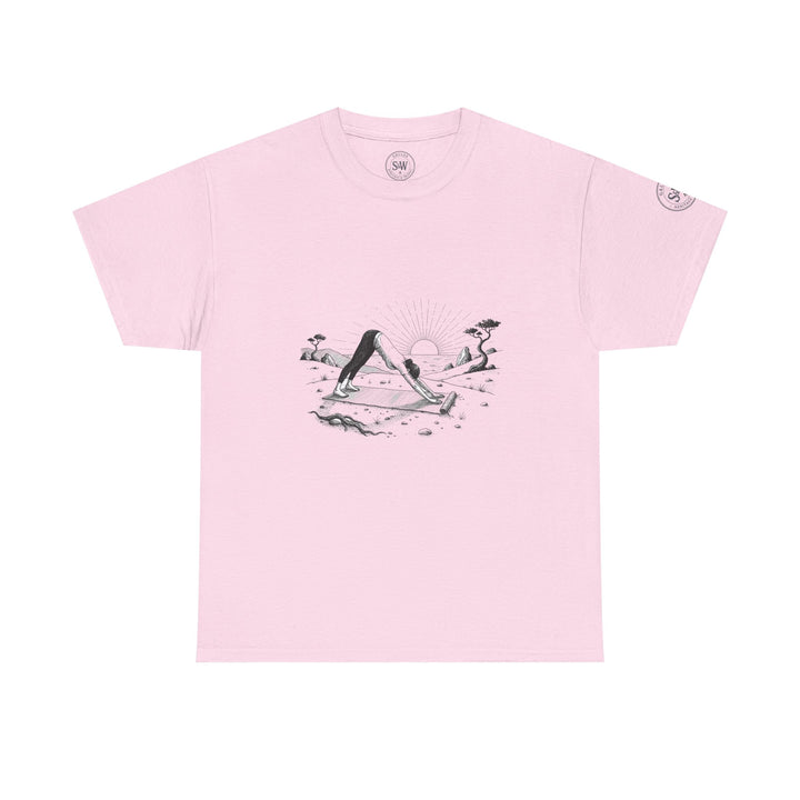 Pink T-shirt by S&amp;W Gallus with a yoga scene graphic on the front.