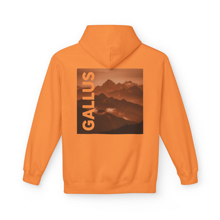 Gallus Mountain Logo Hoodie — Orange Scenic Back-Print Pullover