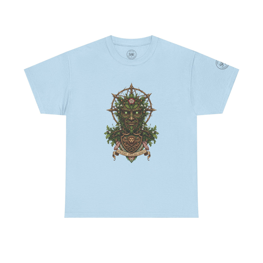 Light blue t-shirt from S&amp;W Gallus featuring a mythic green man graphic on the front.